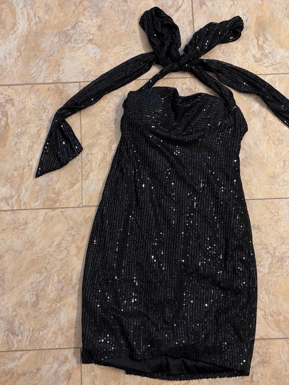 Black Sequin Halter Cocktail Dress